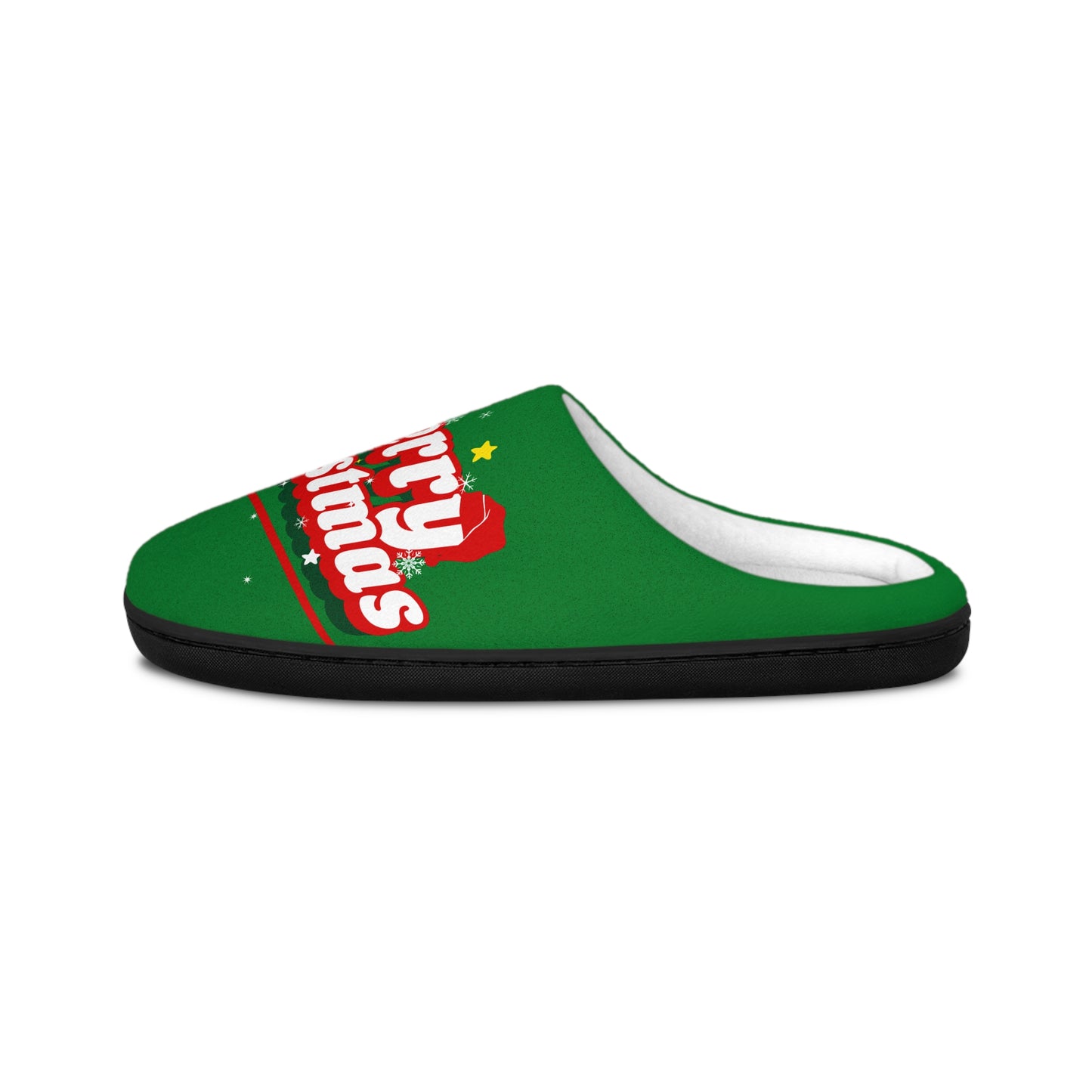 Men's Christmas Indoor Slippers — Green "Merry Christmas" Holiday House Shoes