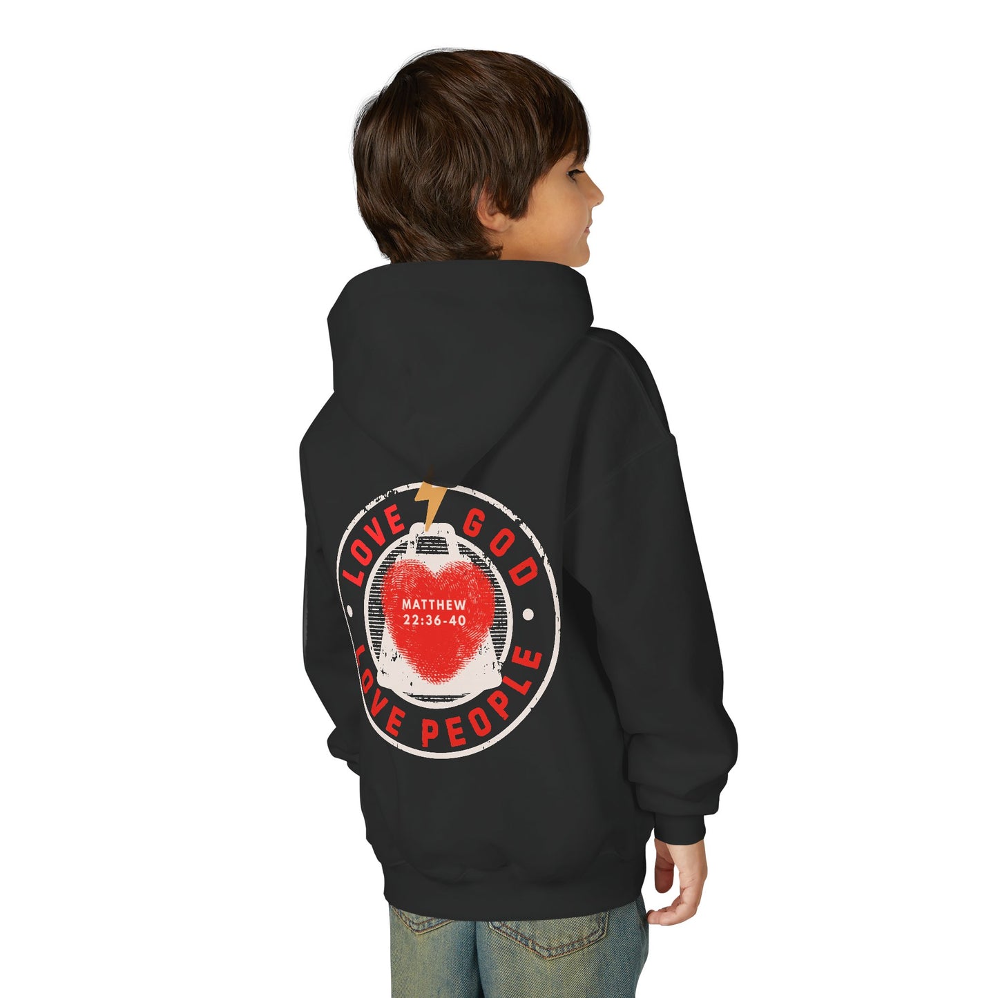 Youth Hoodie — "Love God, Love People" Christian Sweatshirt (Matthew 22:36-40)