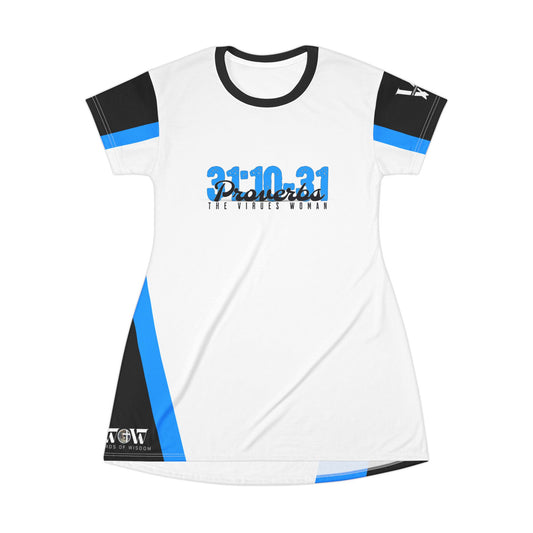 Blue & White Proverbs 31:10-31 T‑Shirt Dress — ‘God The Beginning And The End’— WoW — Words of Wisdom