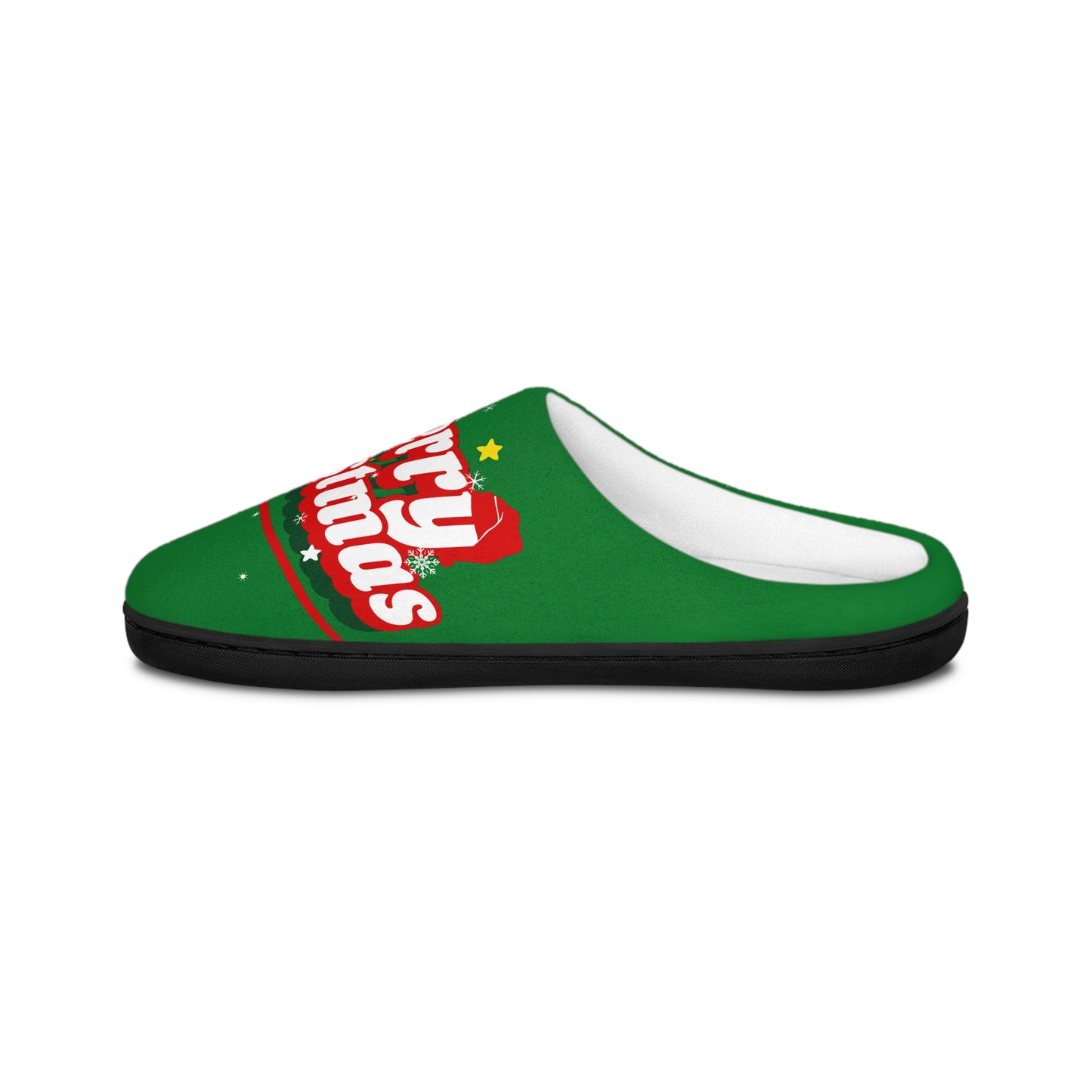 Men's Christmas Indoor Slippers — Green "Merry Christmas" Holiday House Shoes