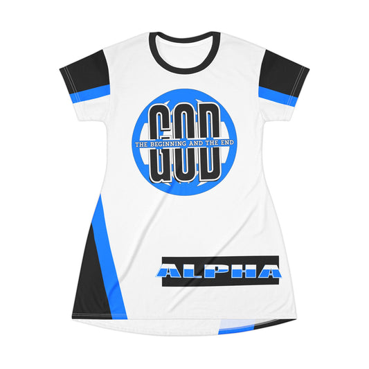 Alpha Blue & White T‑Shirt Dress — ‘God The Beginning And The End’— LIT🔥— Living In The Fire™