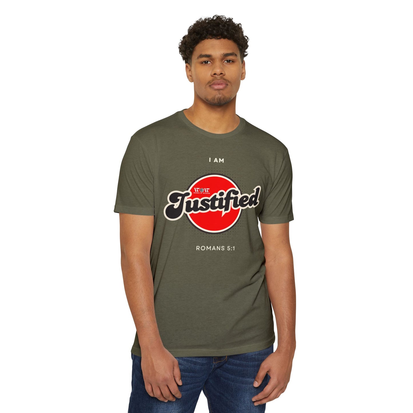 Justified Romans 5:1 Christian T-Shirt — I Am Collection — Wear the Identity Heaven Spoke Over You