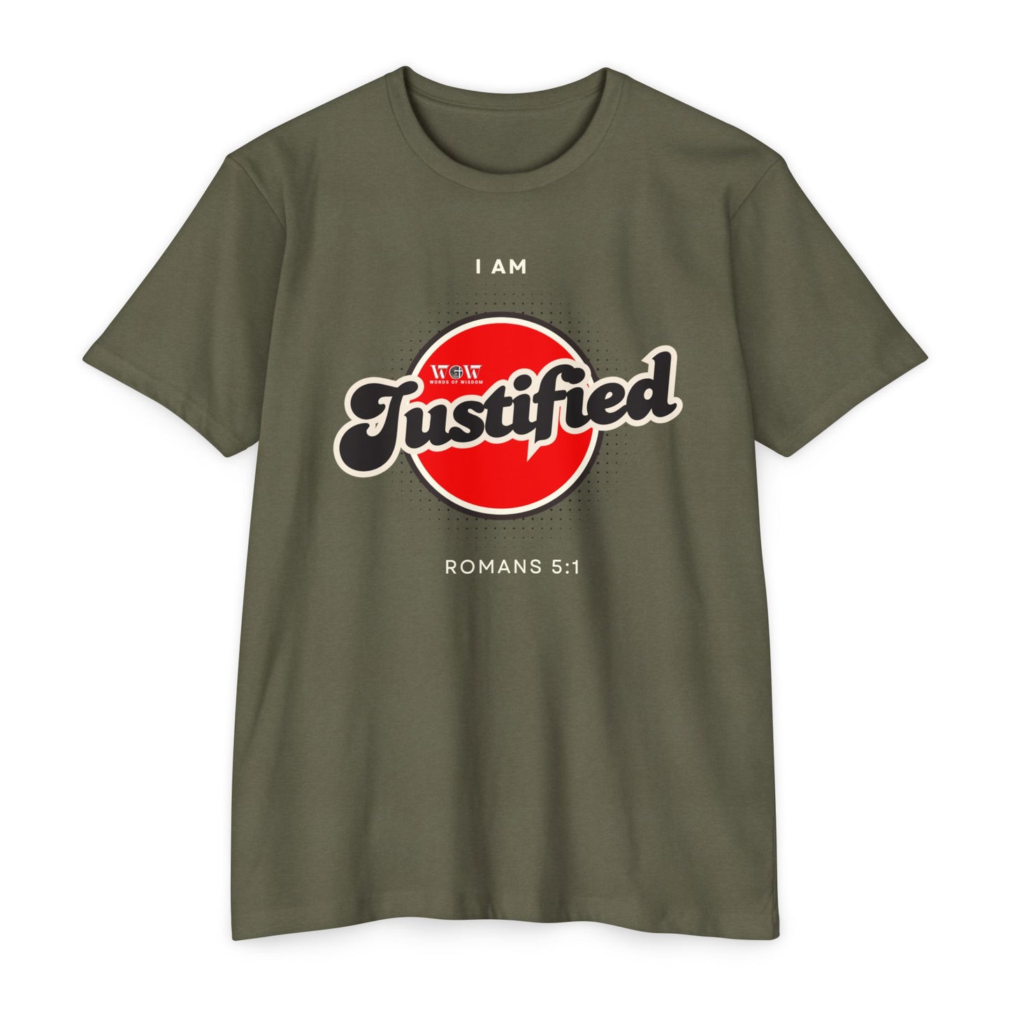 Justified Romans 5:1 Christian T-Shirt — I Am Collection — Wear the Identity Heaven Spoke Over You