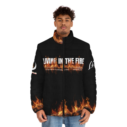 Puffer Jacket — "Living in the Fire" Flame-Print Men’s Insulated Coat — LIT🔥— Living In The Fire™