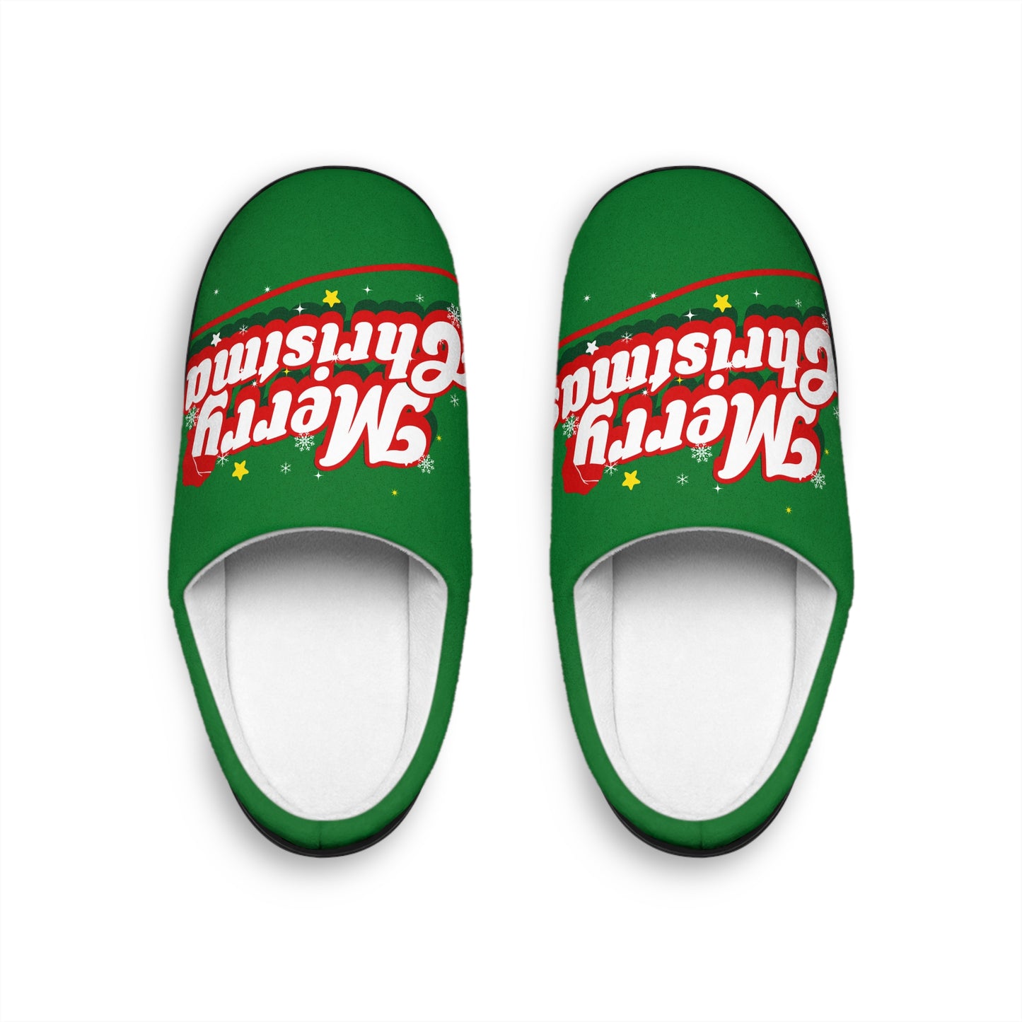 Men's Christmas Indoor Slippers — Green "Merry Christmas" Holiday House Shoes