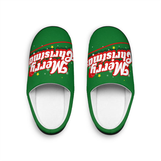 Men's Christmas Indoor Slippers — Green "Merry Christmas" Holiday House Shoes