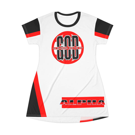 Alpha Red, Black & White T‑Shirt Dress — ‘God The Beginning And The End — LIT🔥 — Living In The Fire™