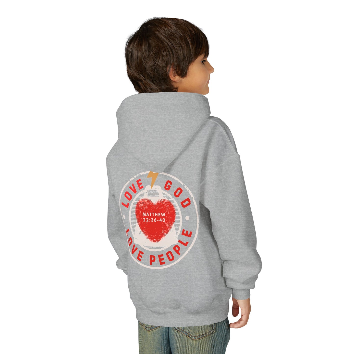 Youth Hoodie — "Love God, Love People" Christian Sweatshirt (Matthew 22:36-40)