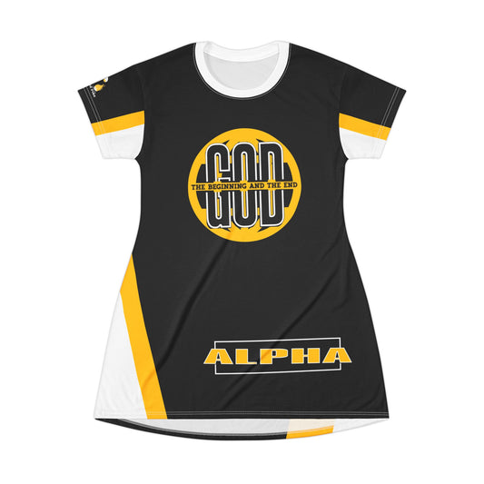 Alpha Black & Yellow Black T‑Shirt Dress — ‘God The Beginning And The End - LIT🔥 — Living In The Fire™