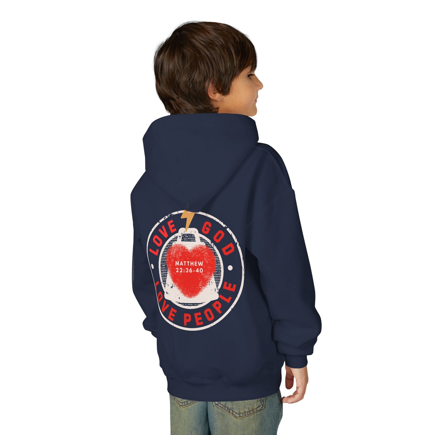 Youth Hoodie — "Love God, Love People" Christian Sweatshirt (Matthew 22:36-40)